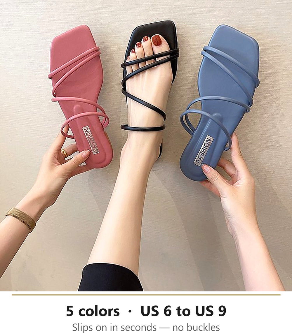 Pink, black and blue strappy sandals - 5 colors, US 6 to US 9, slips on in seconds