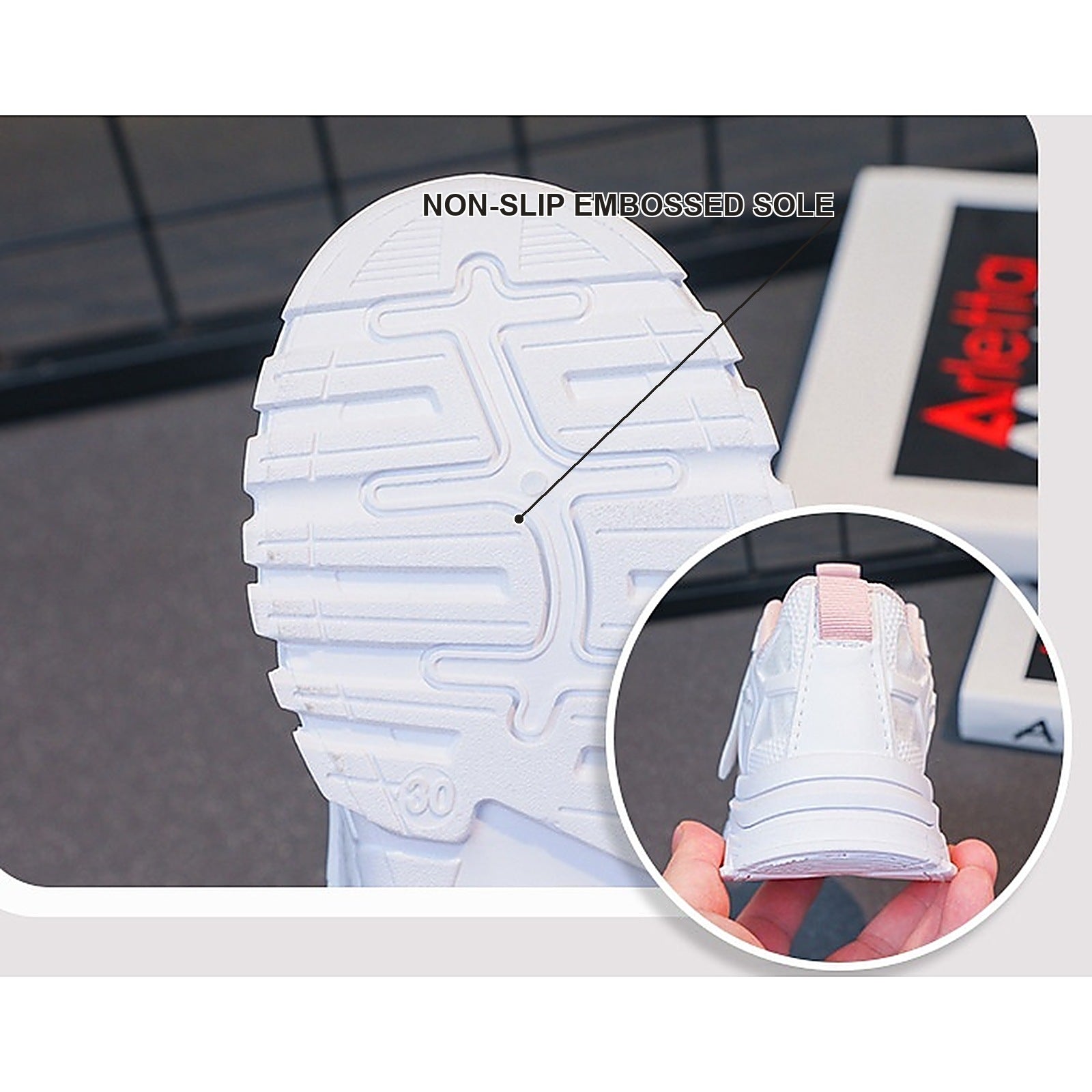 Non-slip embossed rubber sole close-up