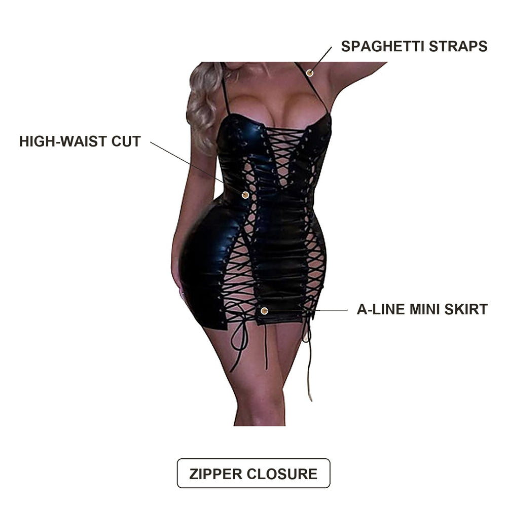 Infographic: spaghetti straps, high-waist cut, A-line mini skirt, zipper closure