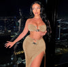 Khaki two piece set - bandeau top and high slit maxi skirt with gold-tone hardware