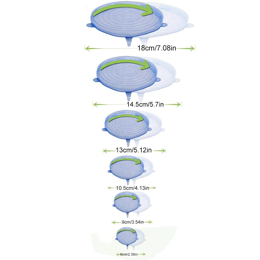 Silicone stretch lids 6 sizes dimensions chart