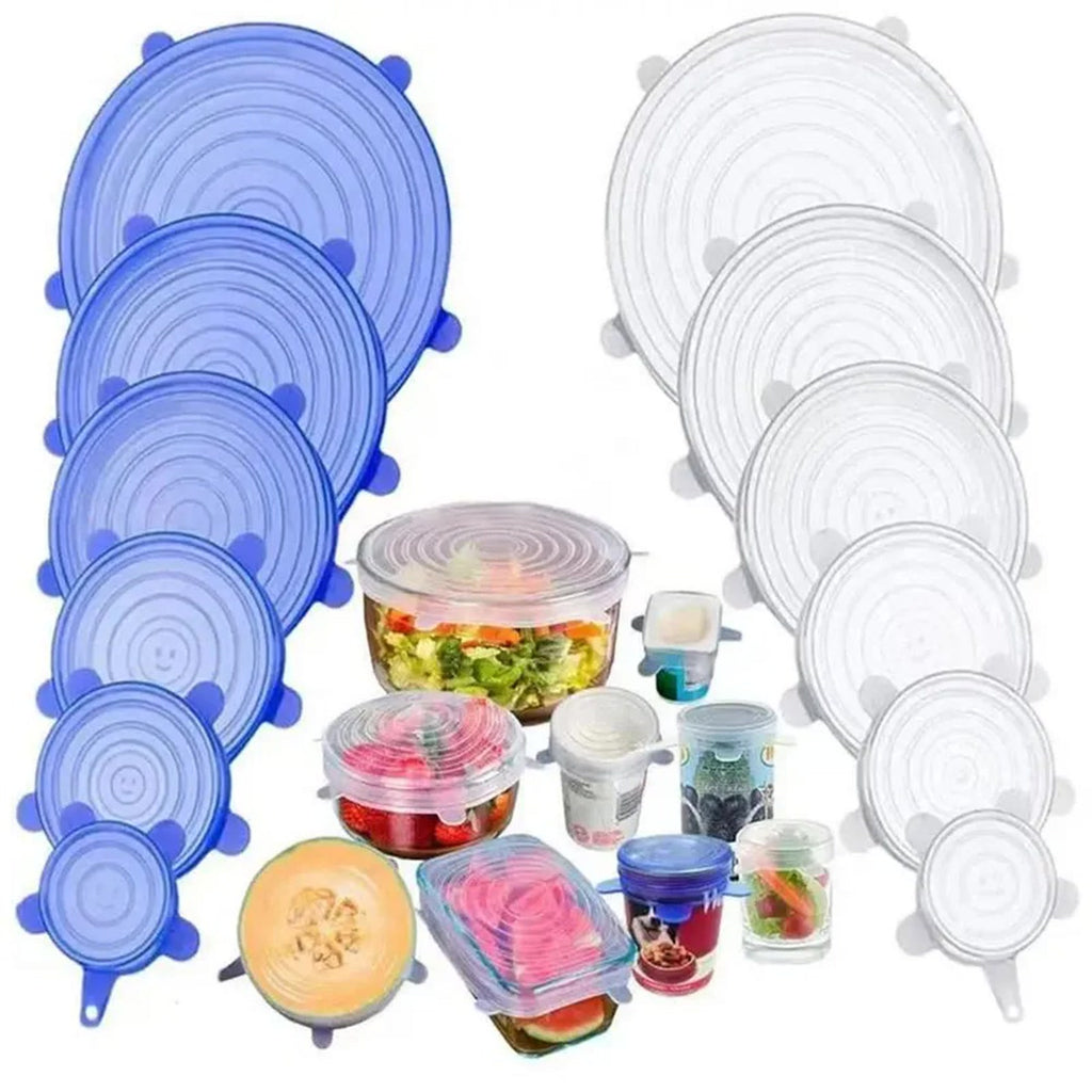 Silicone stretch lids 6 pack on white background