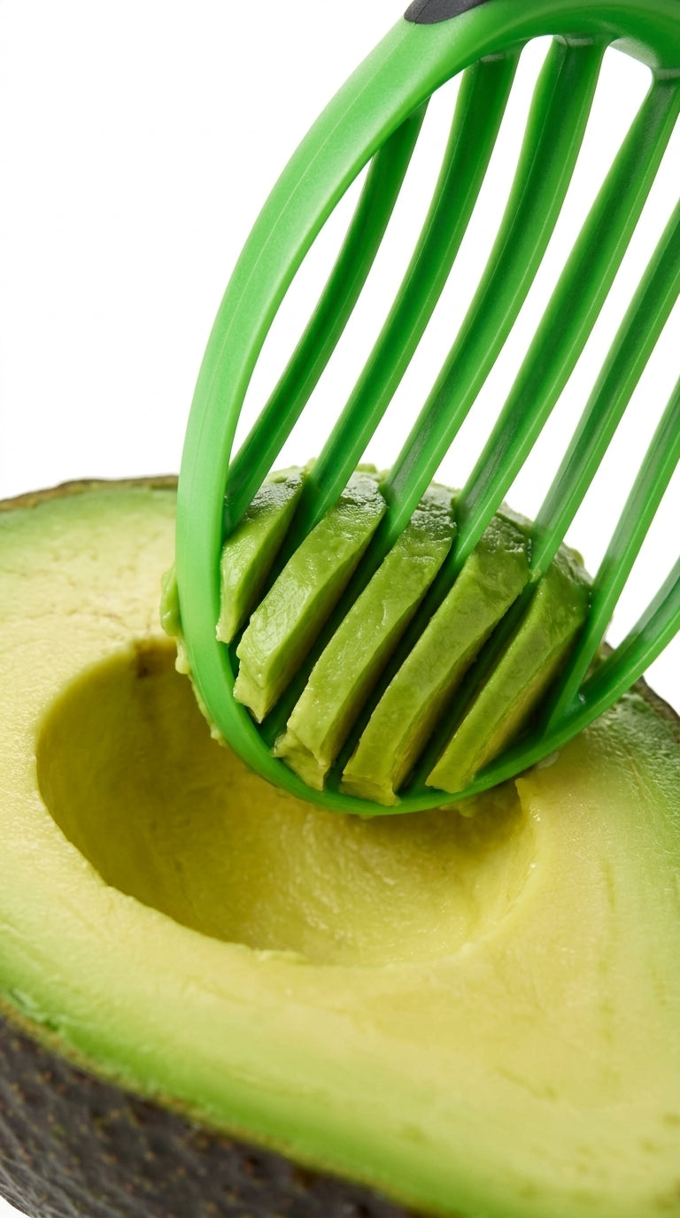 Slicing avocado flesh into a fan with the 3-in-1 avocado tool blades