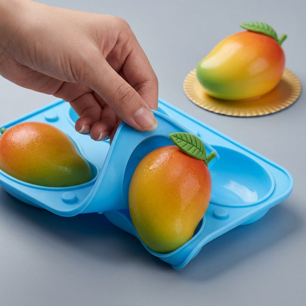 Unmolding a perfect mango-shaped dessert from the flexible mold