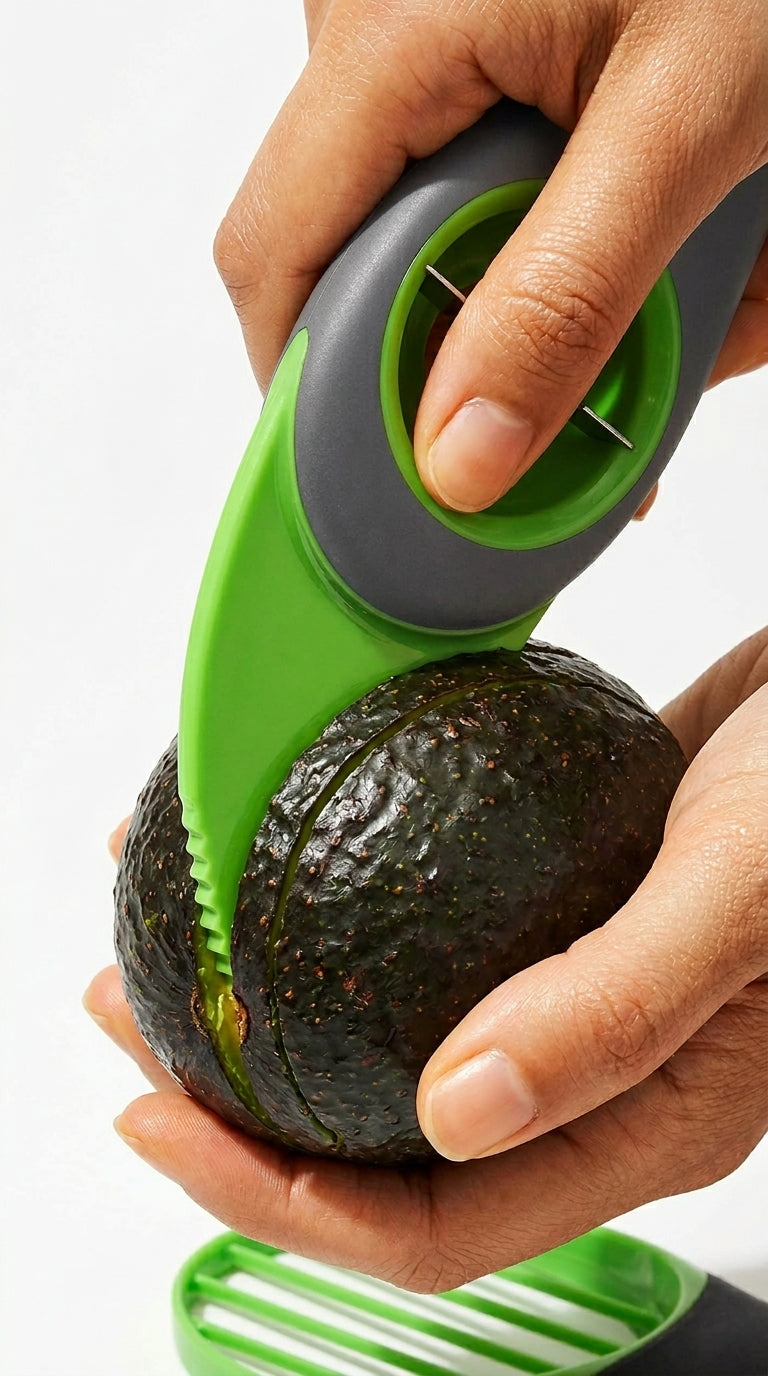 Cutting and opening an avocado skin with the green blade of the 3-in-1 tool