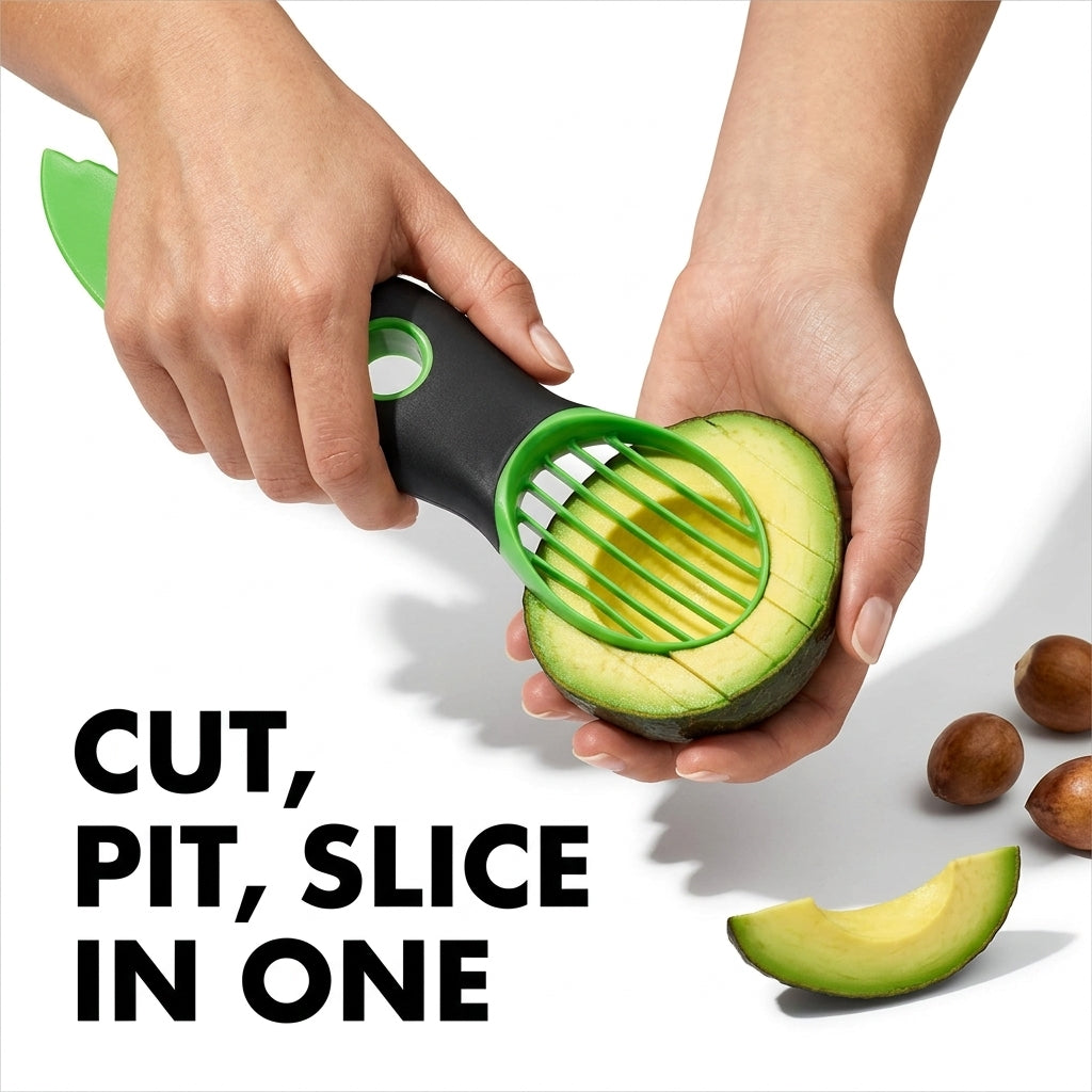 3-in-1 avocado slicer next to a fresh cut avocado on white background