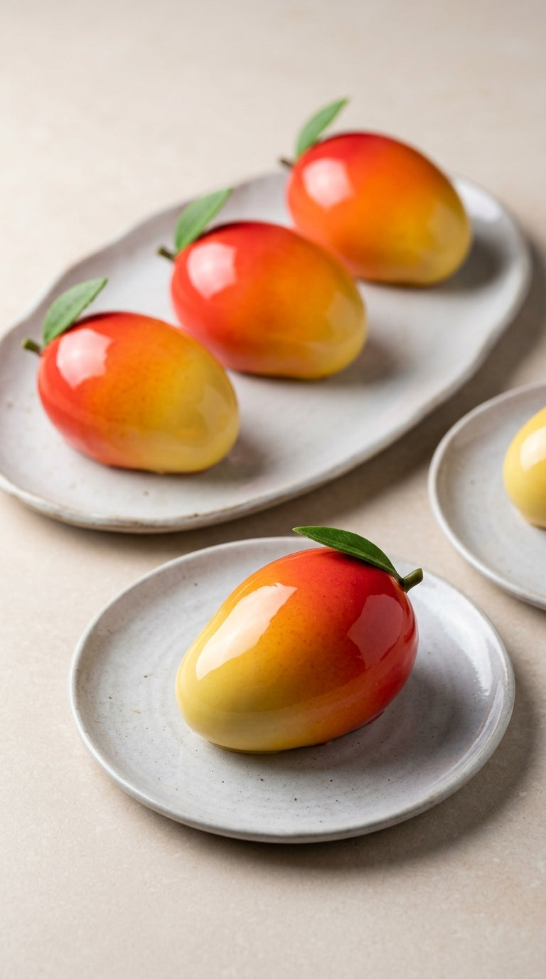 Finished mango-shaped desserts served on small plates
