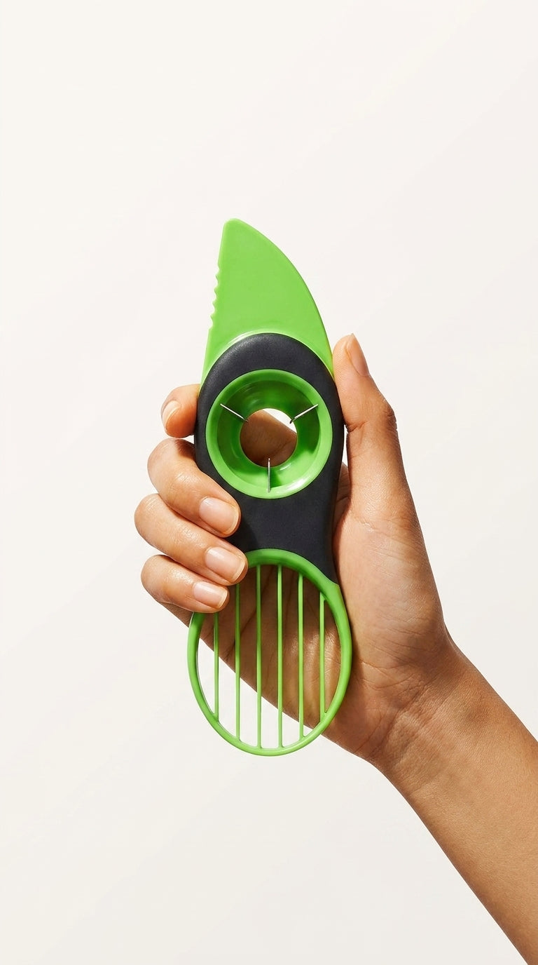 Hand holding the compact 3-in-1 avocado tool to show real size