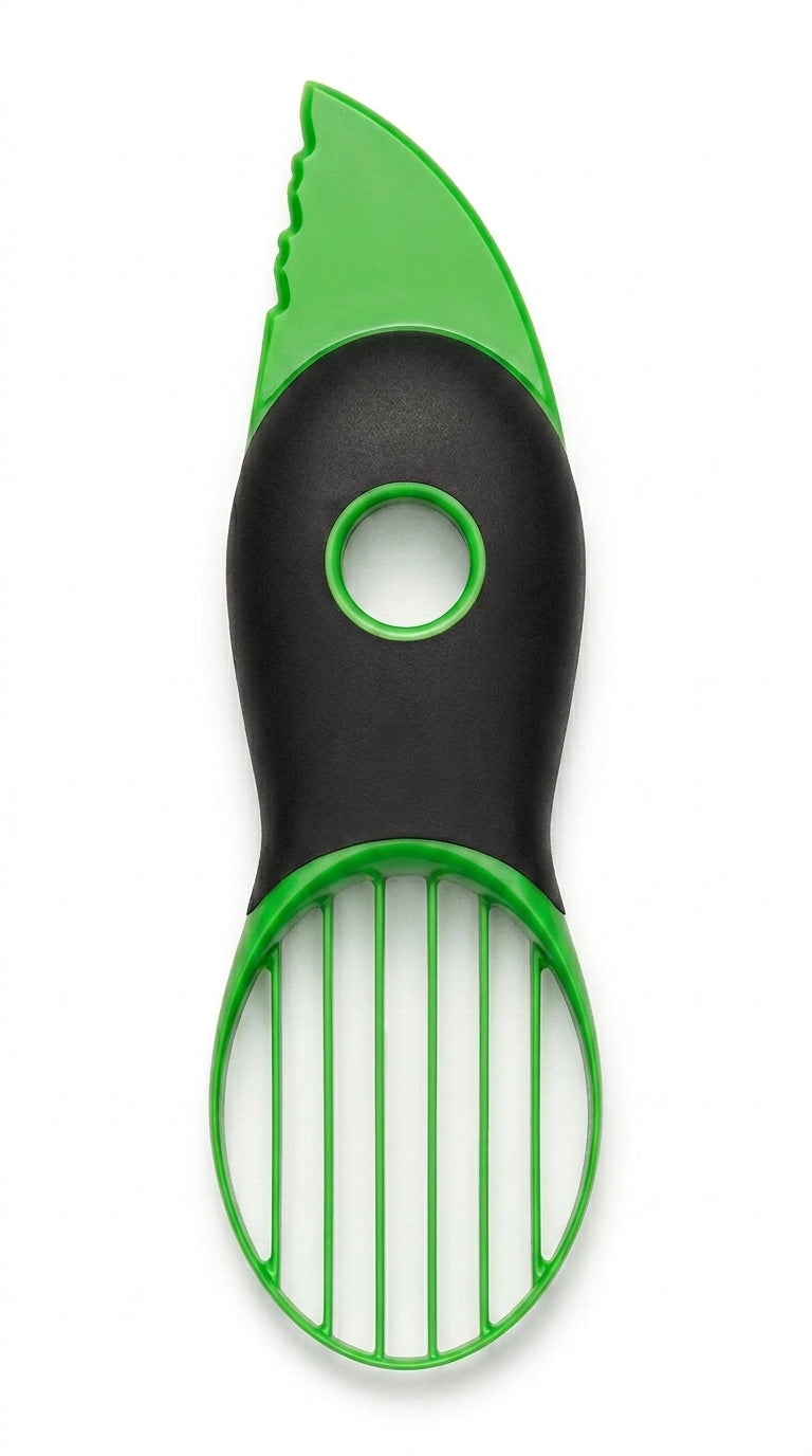 3-in-1 avocado slicer tool with cutting blade, pit remover ring and slicer fan
