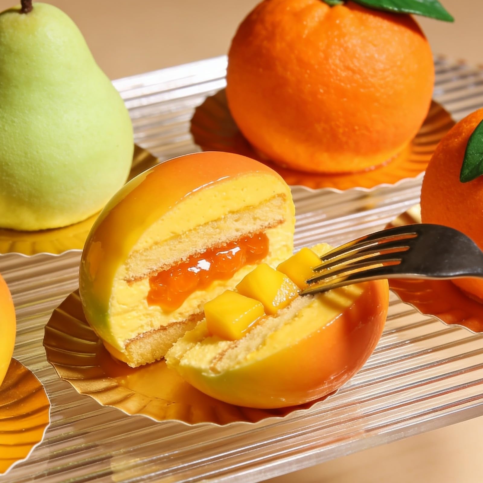 Glossy mango-shaped dessert cut open looks like a real fruit
