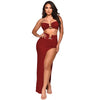 Two piece maxi skirt set in red - bandeau top and high slit skirt with gold-tone hardware