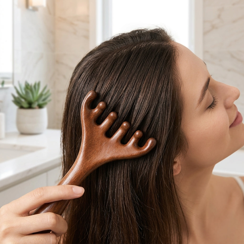 Woman using the sandalwood scalp massager on her head