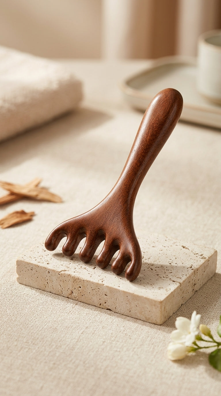 Sandalwood head massage comb on stone pedestal