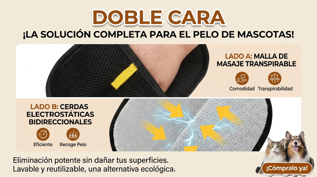 Quita Pelos de Mascota Reutilizable — Guante Doble Cara para Sofá y Alfombra