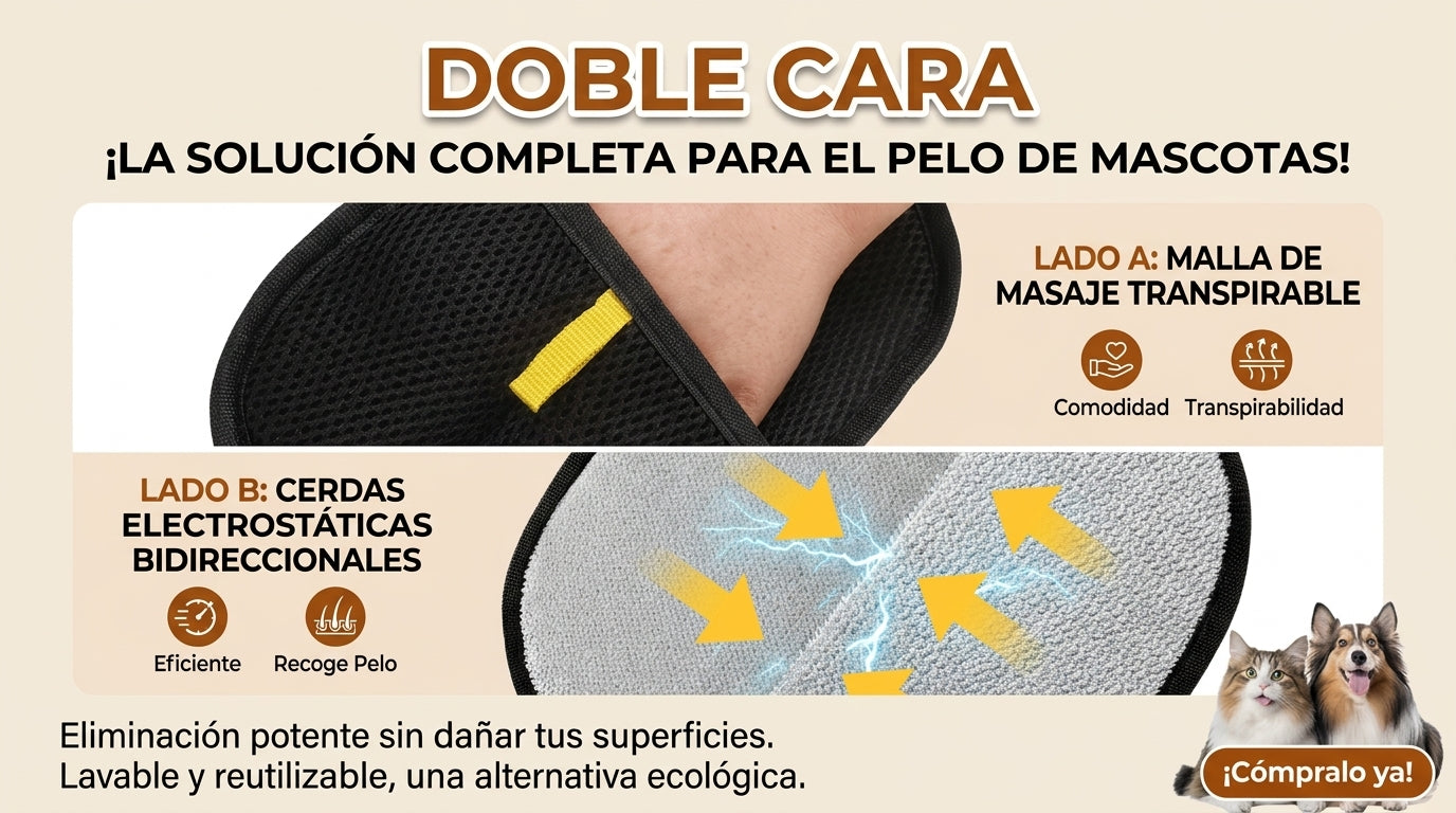 Quita Pelos de Mascota Reutilizable — Guante Doble Cara para Sofá y Alfombra