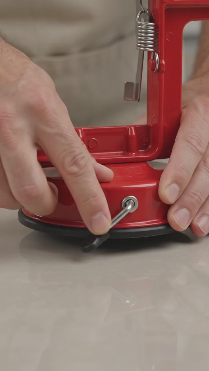 Apple Peeler Corer Slicer hand crank in use - peels cores and slices an apple