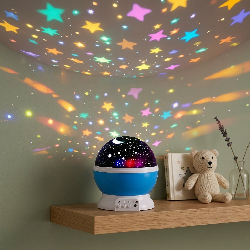 Proyector galaxia LED proyectando estrellas de colores en el cuarto