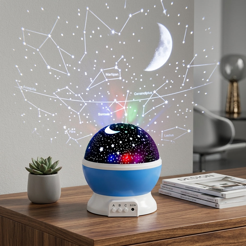 Proyector galaxia azul sobre escritorio