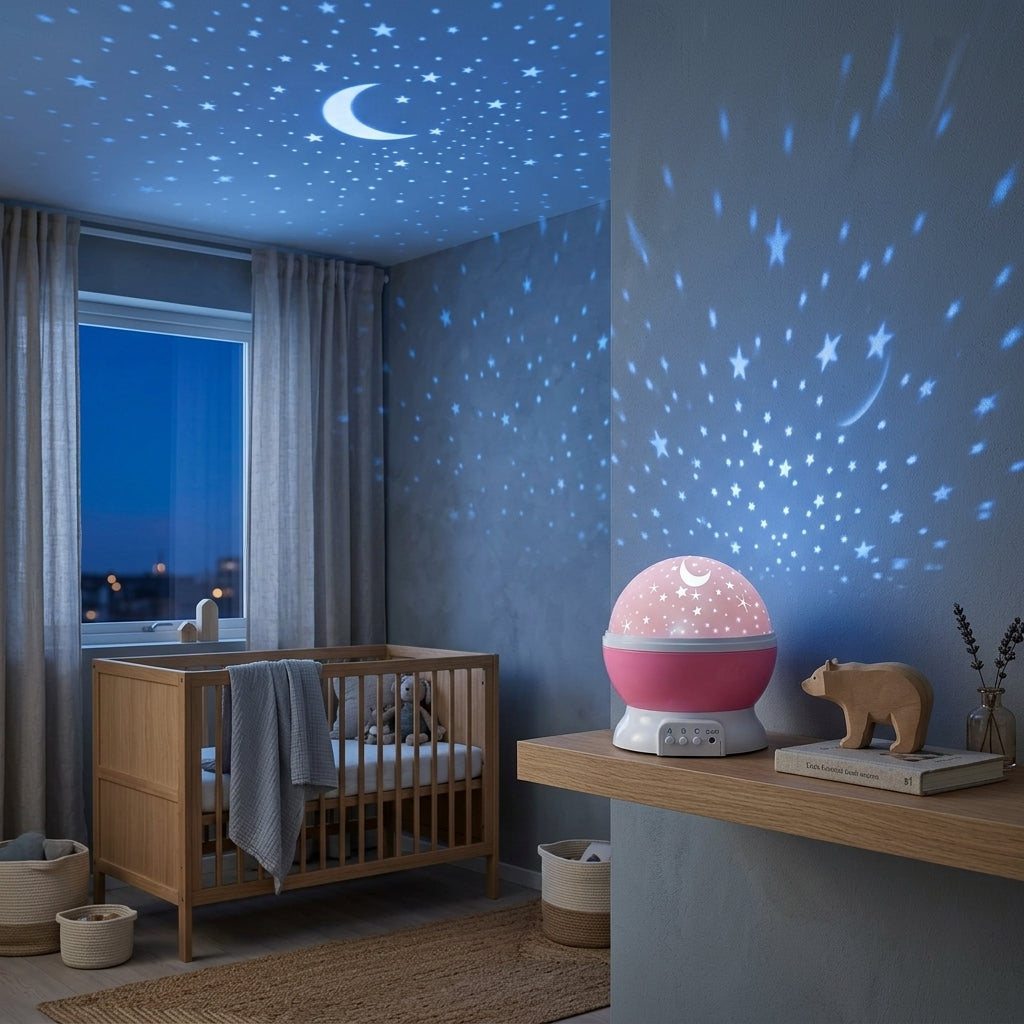 Proyector de estrellas en cuarto de bebe