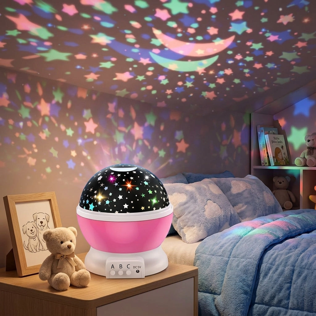 Proyector rosa en mesita, ambiente