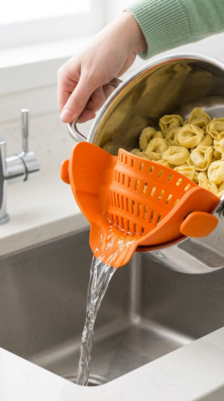 Clip on silicone pot strainer draining pasta clipped to the pot
