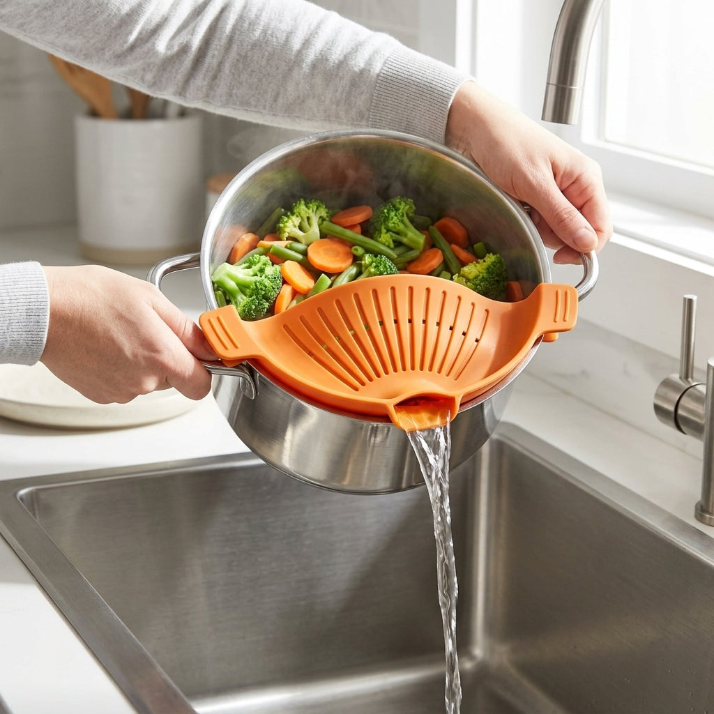Clip on pot strainer straining vegetables hands-free