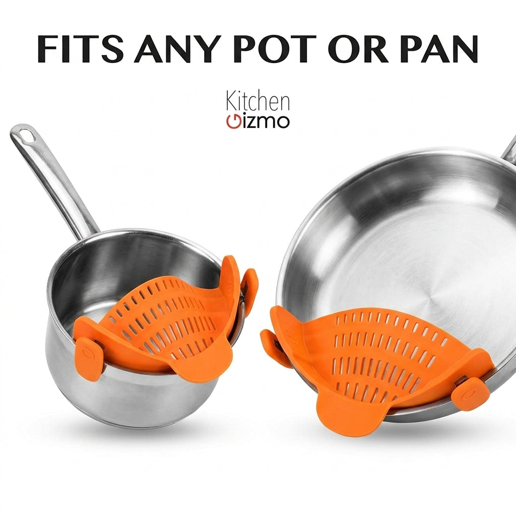 Fits any pot or pan - universal clip on silicone strainer