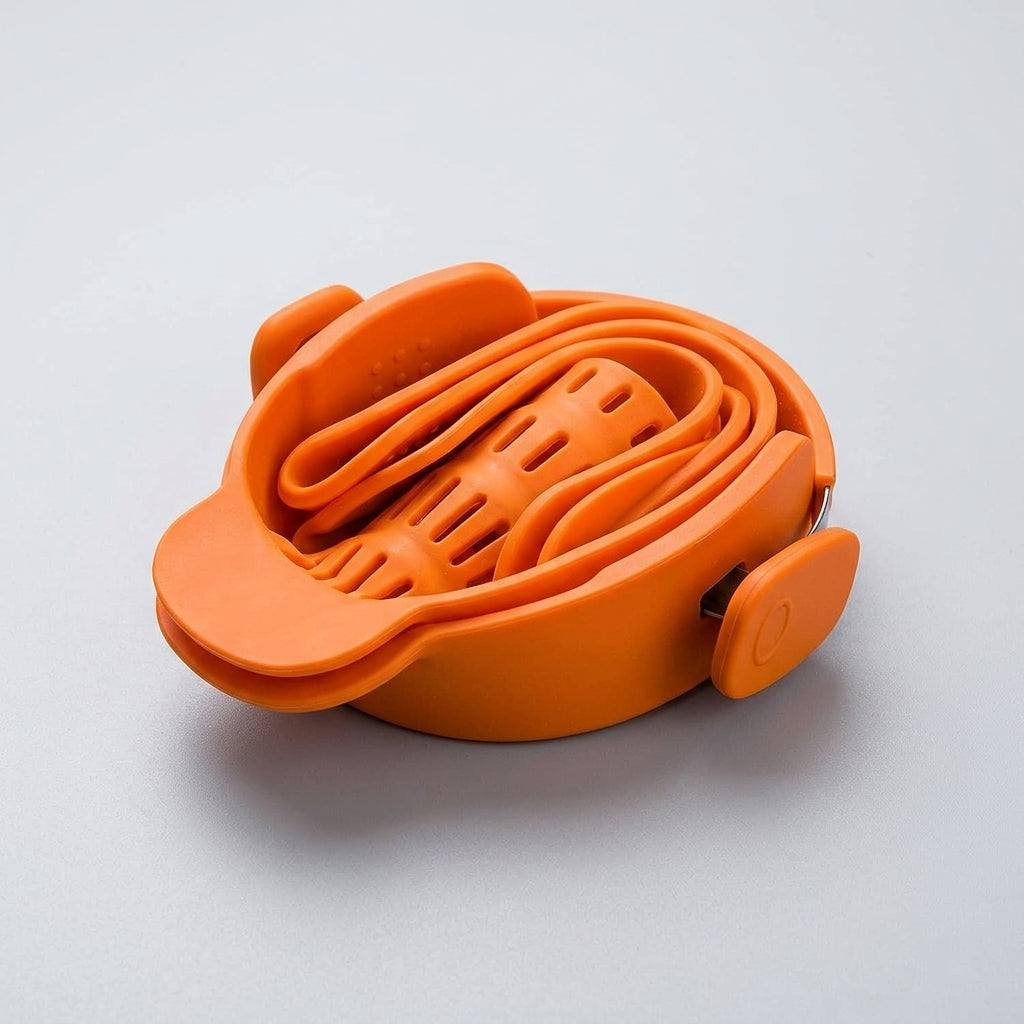 Collapsible clip on pot strainer folded flat for storage