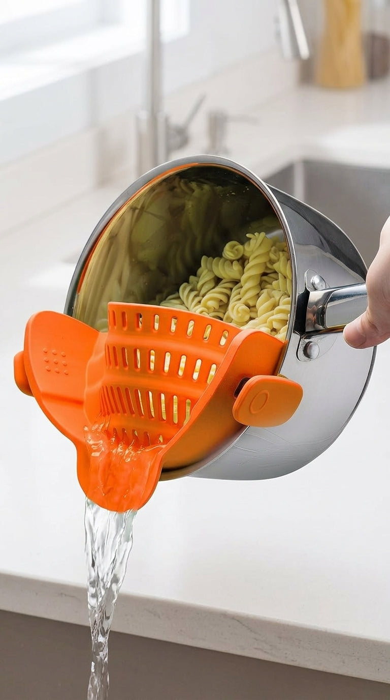 Silicone strainer clipped to a pot draining water from pasta