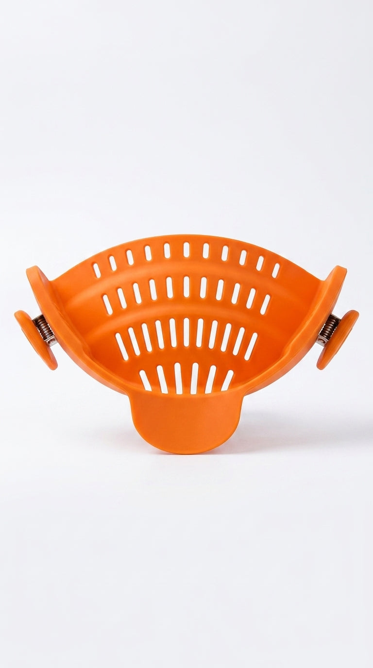 Orange silicone clip on pot strainer front view