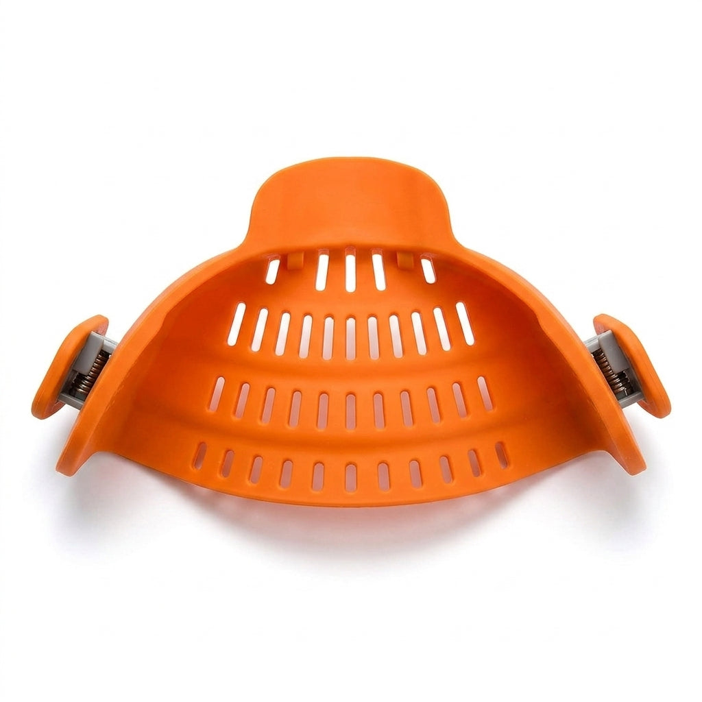 Orange silicone clip on pot strainer top view