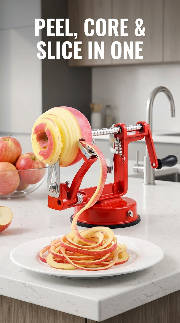 Peel core and slice apples in one with the red hand crank peeler