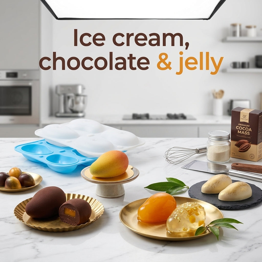 Ice cream, chocolate and jelly with the fruit-shaped mold