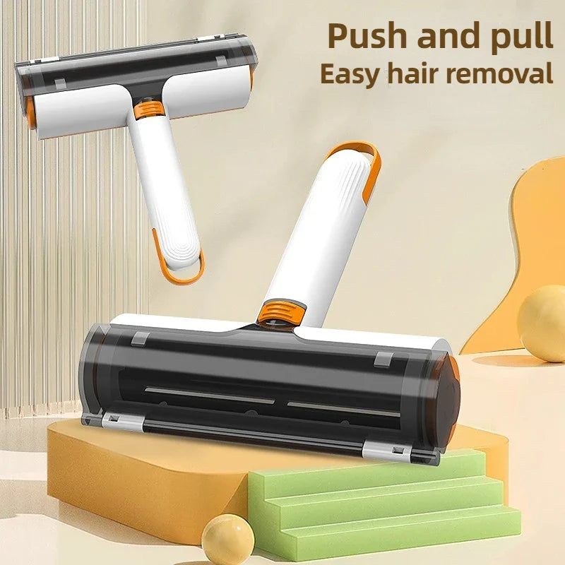 Reusable push and pull pet hair remover roller