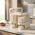 Airtight rice dispenser in luxury kitchen — pantry storage with measuring cup