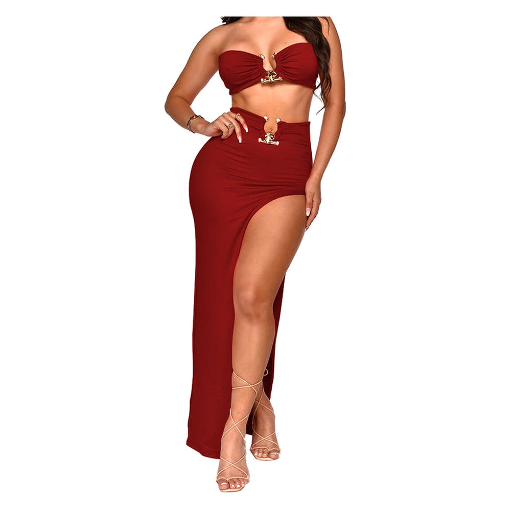 Red two piece maxi skirt set - strapless bandeau top and high slit skirt with gold-tone hardware on white background