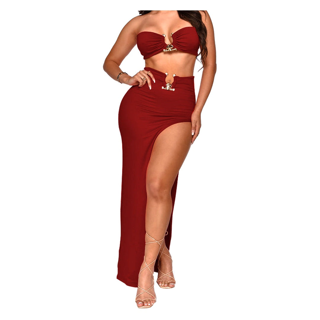 Red two piece maxi skirt set - strapless bandeau top and high slit skirt with gold-tone hardware on white background