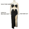 Infographic of the two piece set showing gold-tone hardware, high side slit and stretch milk-silk knit