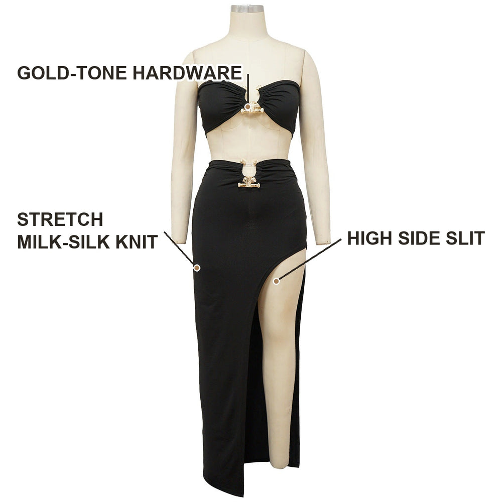 Infographic of the two piece set showing gold-tone hardware, high side slit and stretch milk-silk knit