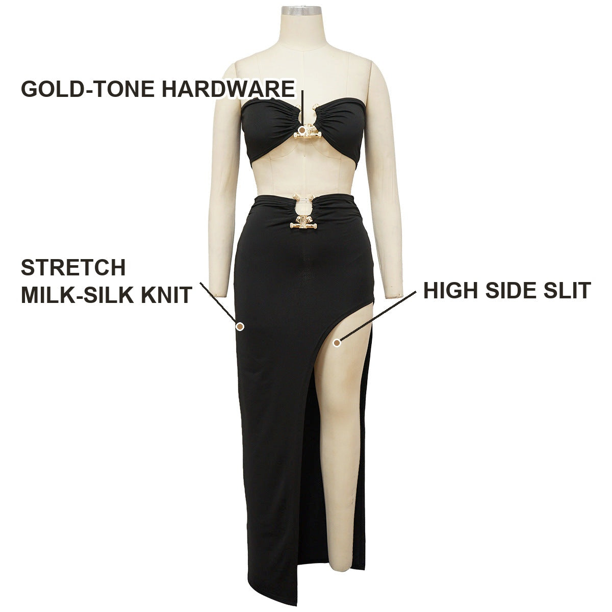 Infographic of the two piece set showing gold-tone hardware, high side slit and stretch milk-silk knit