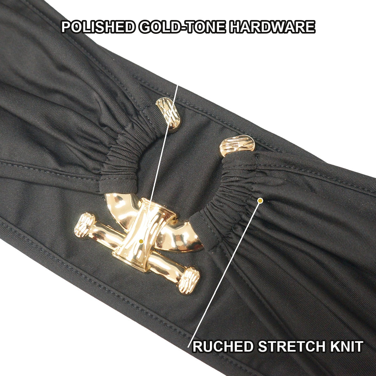 Close-up of the polished gold-tone hardware and ruched stretch knit on the bandeau top