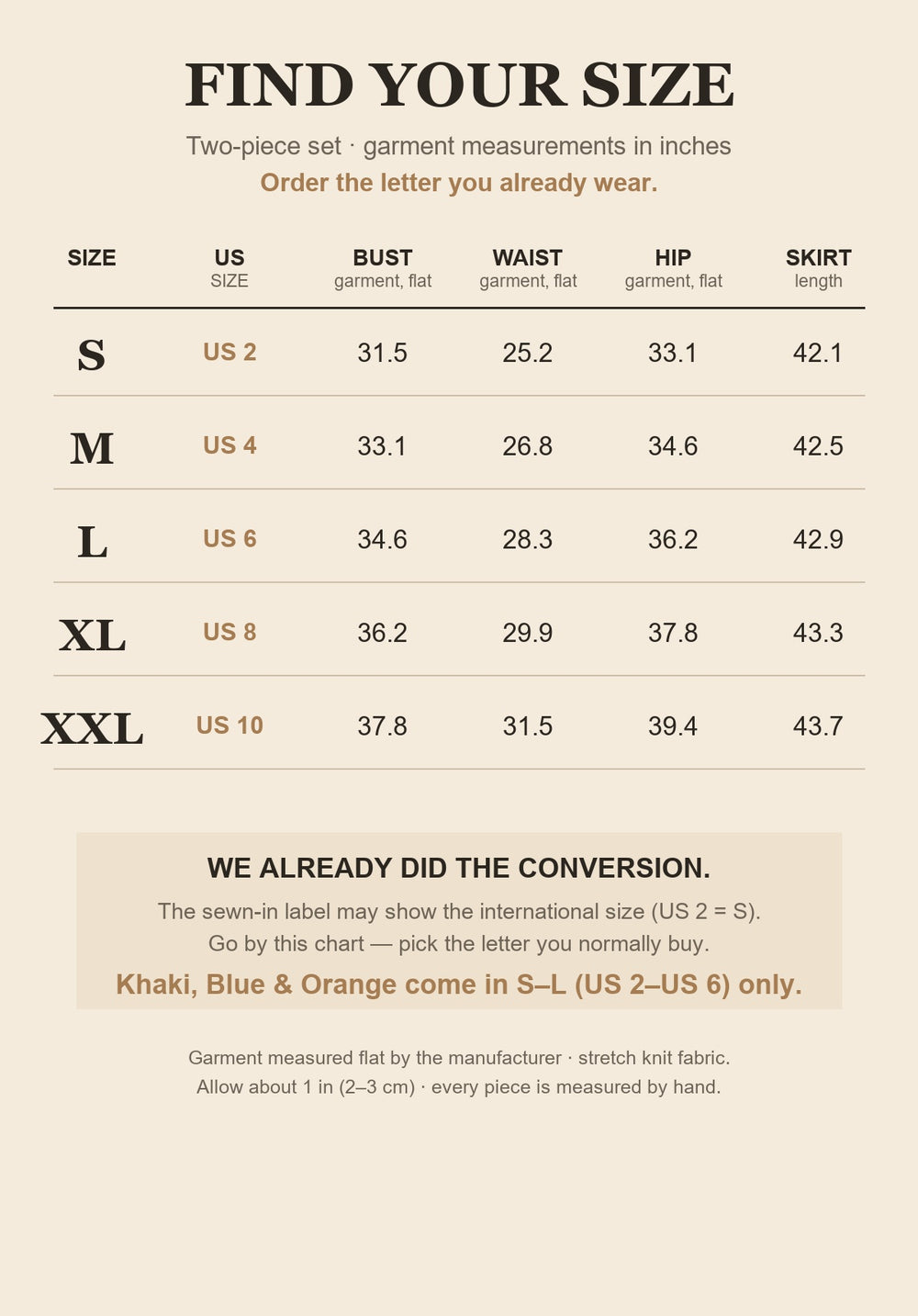 Size chart for the two piece maxi skirt set - S to XXL with US sizes and garment measurements in inches