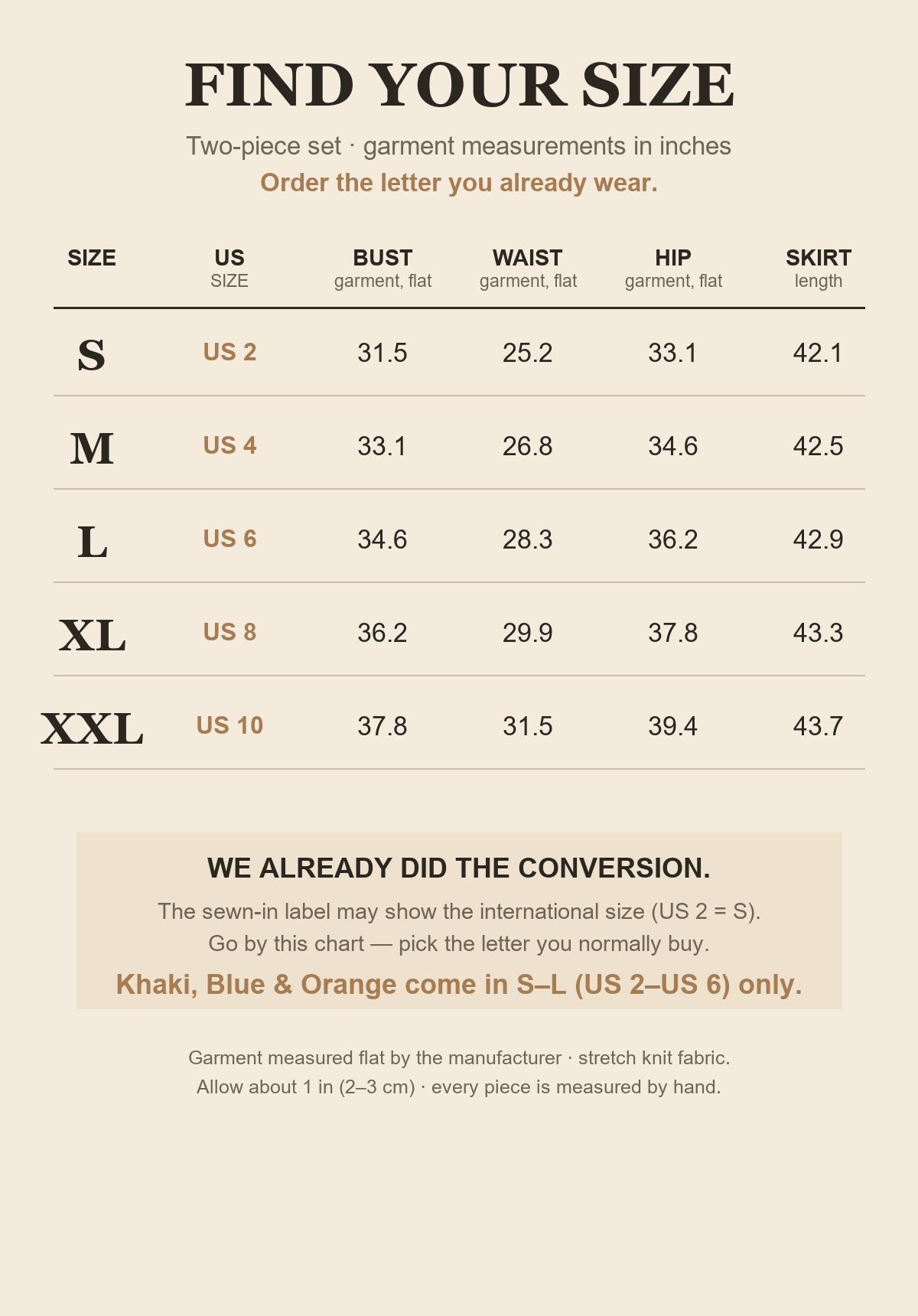 Size chart for the two piece maxi skirt set - S to XXL with US sizes and garment measurements in inches