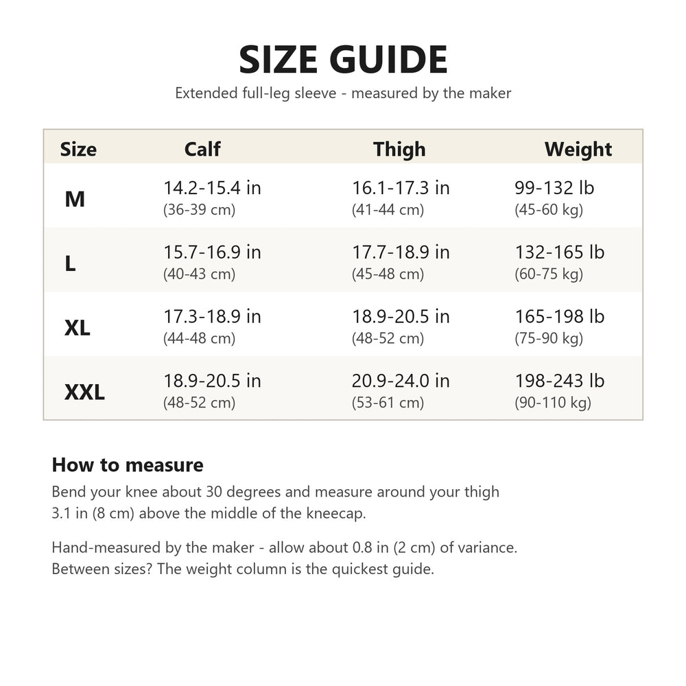 Premium extended v2 - size guide from maker measurements (calf, thigh, weight)