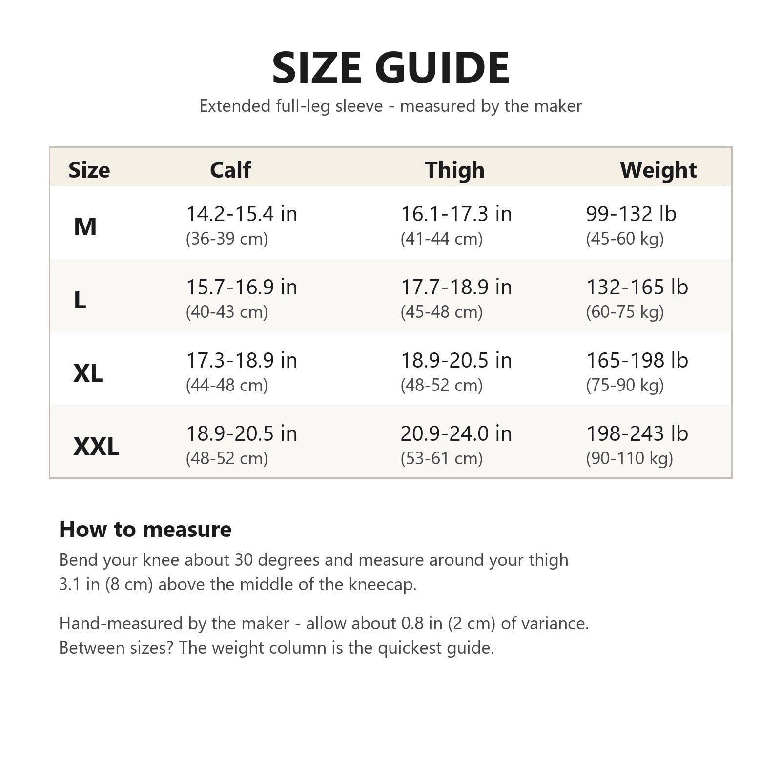 Premium extended v2 - size guide from maker measurements (calf, thigh, weight)