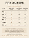 Size chart: US 6 to 9 with sewn label 36-41 and foot length in inches and cm