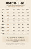 Size chart with real US size conversion, S fits US 4 through 5XL fits US 24, garment measurements in inches