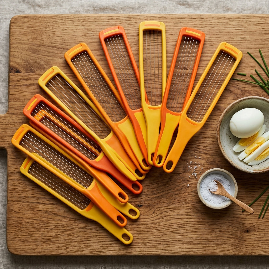 Creative egg cutter sticks on cutting board