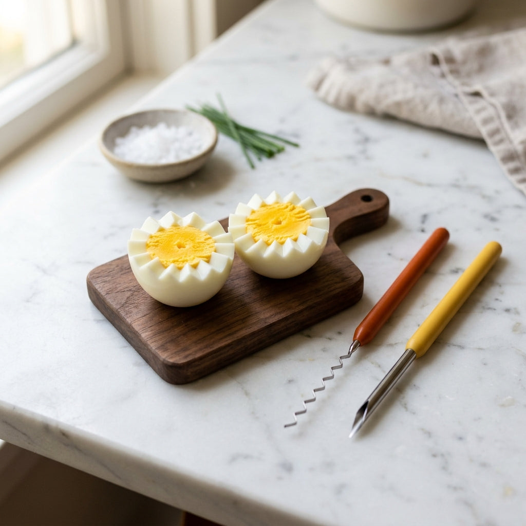 Boiled eggs cut into decorative crown shapes
