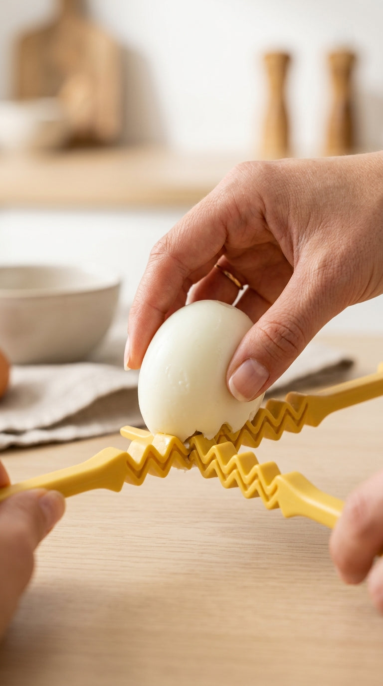 Using the egg cutter - pressing a boiled egg on the toothed edge